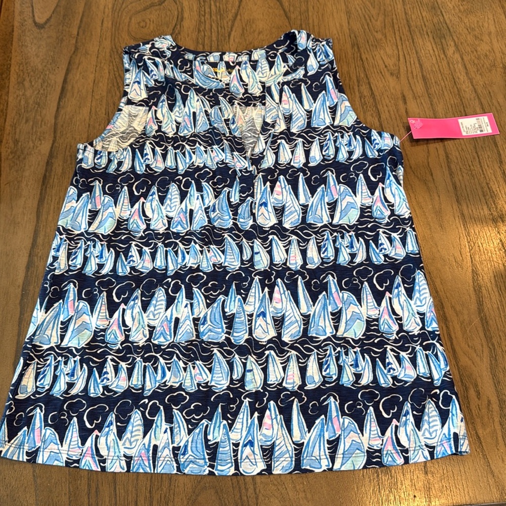 Lilly Pulitzer Low Tide Navy Blue Sails and Stripes Split Neck Tank Top NWT S - Picture 2 of 10
